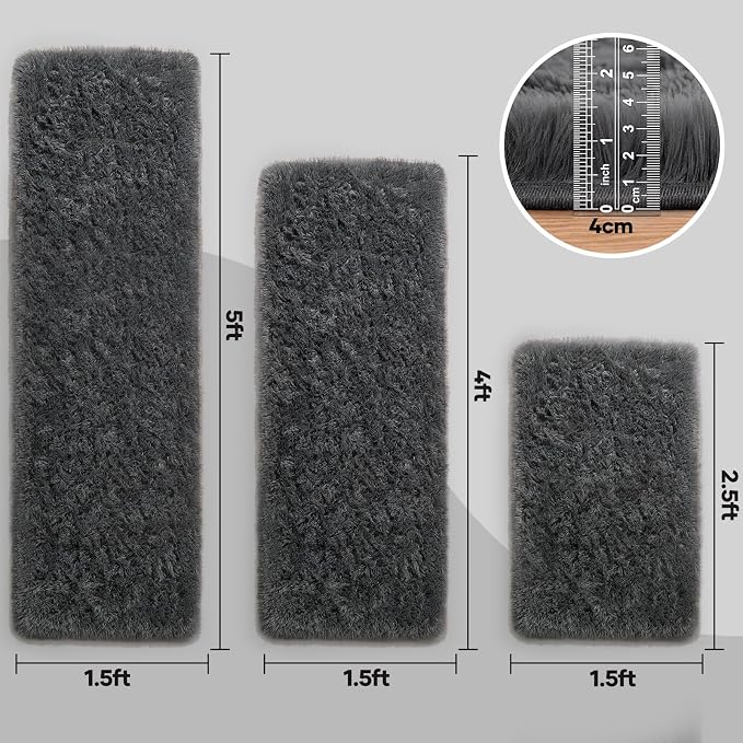 Ophanie Small Rug Washable Non Slip Throw Bedside Area Rugs, Fluffy Soft Mini Bedroom Carpet, 1.5x2.5，1.5x4 and 1.5x5 Rug Set, 3 Piece Grey with Over 99 pcs Pile fibers