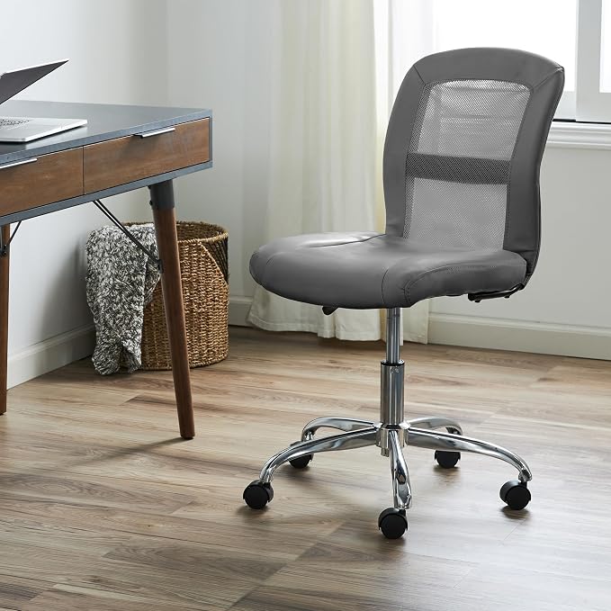 Serta Armless Small Home Desk Chair with Wheels, Ergonomic Mesh Back Chair | Leather & Foam Cushion Seat, Adjustable Height, Small Vanity Chair for Bedroom & Small Spaces, Home Office Desk Chair, Gray