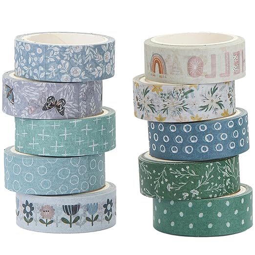 Boho Washi Tape Set 10 Rolls Cute Masking Graphic Floral Pattern Decorative Tapes for Arts, DIY Crafts, Journals, Planners, Scrapbook, Wrapping (Cool)