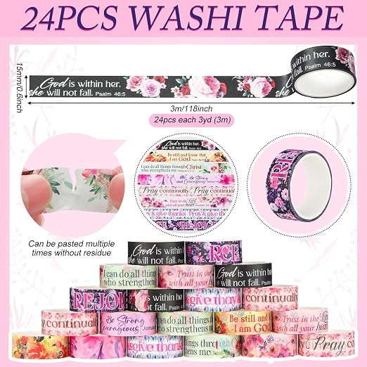 24 Rolls Back to School Christian Washi Tape Gifts Bulk Graduation Vbs Religious Scripture Bible Verse Watercolor Floral Washi Tape for Bible Journaling Crafting Students Study Stationery