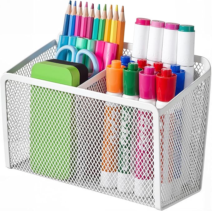 BEYGORM Magnetic Dry Erase Marker Holder for Whiteboard, Mesh Pen & Pencil Holder for Refrigerator, Strong Magnetic Basket for School Locker, Office & Classroom Organizer (White, 1-Pack)