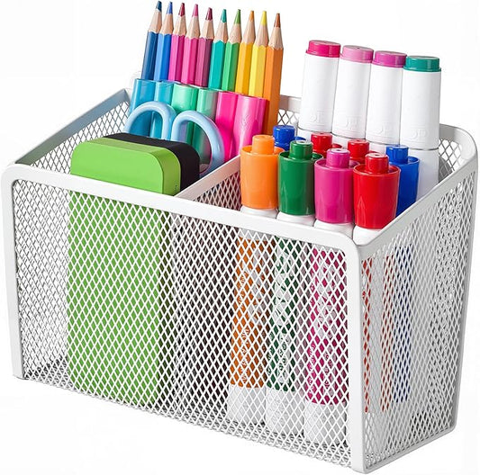 BEYGORM Magnetic Dry Erase Marker Holder for Whiteboard, Mesh Pen & Pencil Holder for Refrigerator, Strong Magnetic Basket for School Locker, Office & Classroom Organizer (White, 1-Pack)