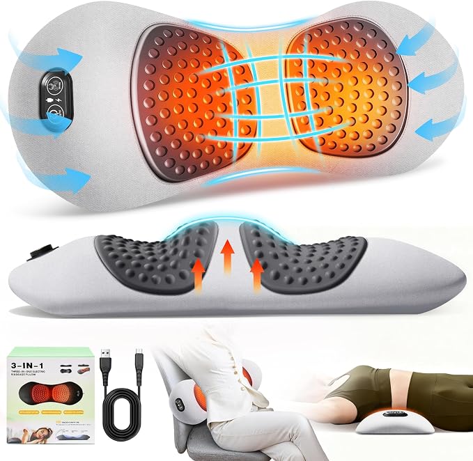FunBy 3-in-1 Electric Lumbar Support Pillow,Triple Fusion Back Massager with Heat,Vibration&Traction,Back Support Pillow for Bed and Chair,Lumbar Support Pillow for Lower Back Pain Relief-LightGray