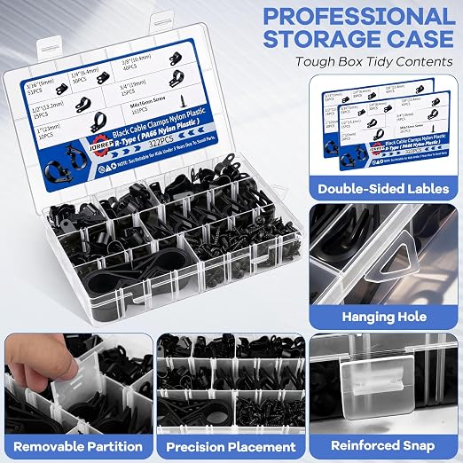 JORREP 322PCS R-Type Cable Clips, 3/16 to 1 in, 6 Sizes for Wire Management | PA66 Nylon, 3/16" 1/4" 3/8" 1/2" 3/4" 1", With screws, For office, garage, yard and auto wire setup, Easy to install