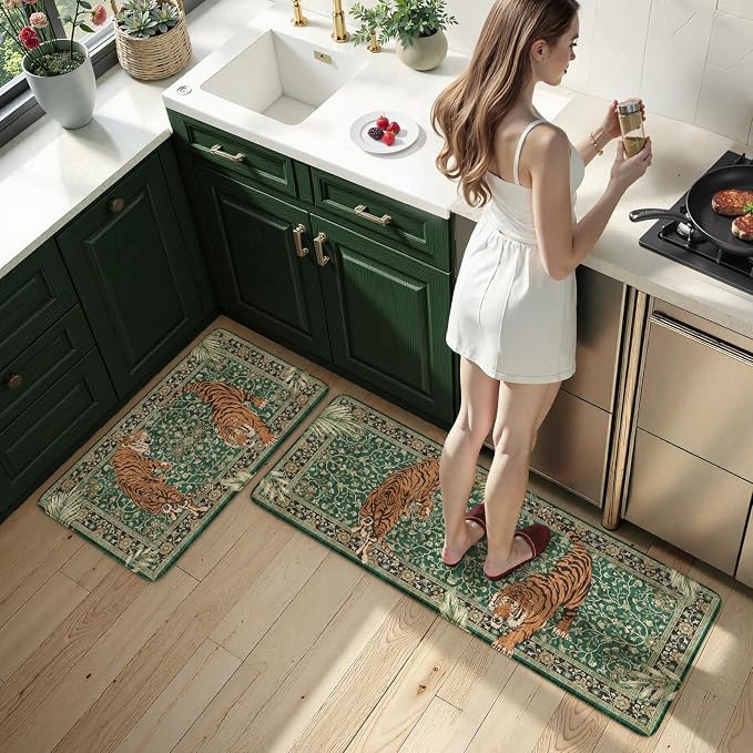 KIMODE Anti Fatigue Mats for Kitchen Floor 17"x47"+17"x29", Cushioned Tiger Kitchen Rugs Sets of 2, Padded Kitchen Floor Mats Non Slip, Comfort Standing Mats for Laundry Office Sink Desk Green