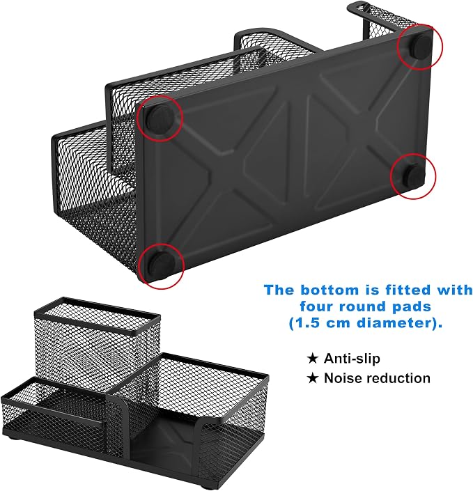 Mesh Desk Organizer, Pen and Stationery Holder with 3 Compartments for Office Supplies, Sticky Notes, and Small Accessories, Desktop Caddy for Home, School, and Workspace – Powder-Coated Black Metal