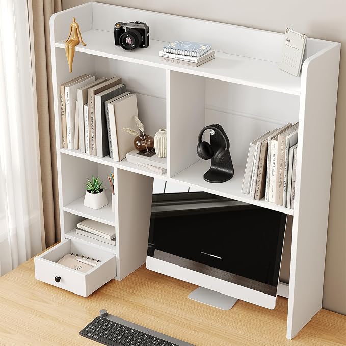 knoworld Desktop Bookshelf for 27" Monitor, Space-Saving Engineered Wood Desk Hutch Organizer with Adjustable Shelves & Drawer, Clutter-Free Tabletop Bookcase for Dorm & Home Office, White