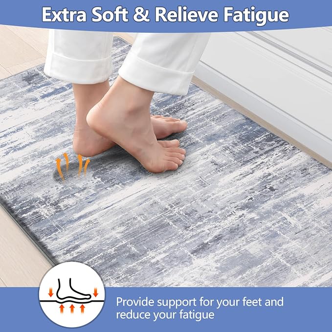 LOKHOM Anti Fatigue Kitchen Mats for Floor, 24x59 Non Slip Modern Cushioned Standing Comfort Kitchen Runner Rug, Waterproof Abstract Memory Foam Padded for Sink Laundry Office, Blue Grey