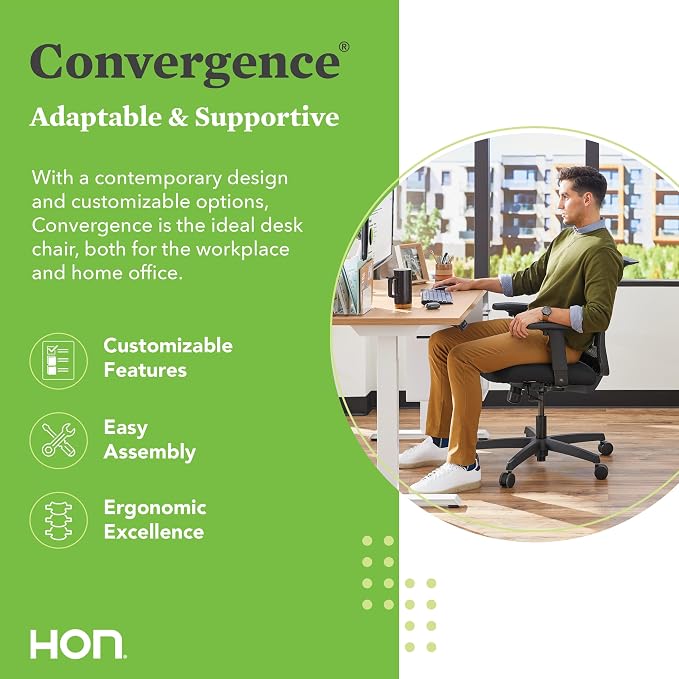HON Convergence Ergonomic Office Chair with Mesh Back, Adjustable Arms, Lumbar Support, Synchro‑Tilt Desk Chair with Wheels for Home Office or Computer Use, Black Frame, Apricot