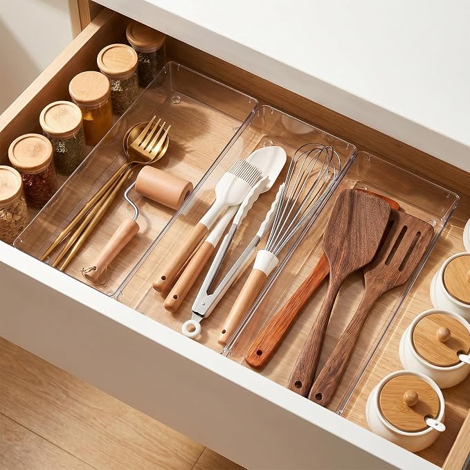 6 Pack Clear Plastic Drawer Organizer Tray 15 x 6 x 2 Inch Large Clear Drawer Organizer Set with Non-Slip Silicone Pads Stackable Drawer-Organizer Traysfor Makeup, Bathroom, Kitchen Utensils, Office,