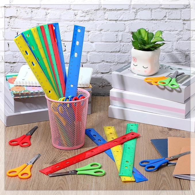PerKoop 200 Pcs School Supplies with 100 Pcs Safety Blunt Tip Student Scissors 100 Pcs 12 Inch Plastic Rulers Back to School Supply Kit for Operation Christmas Charity Donation Supplies (Bright Color)