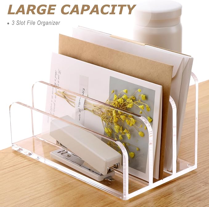 SANRUI Clear Mail Organizer Desk Sorter, Acrylic Letter File Holder 3-Slot | Laddered Office Document Mails Storage, Multifunction Letter Folder Racks Holders for Office,Home, School Desk Organization