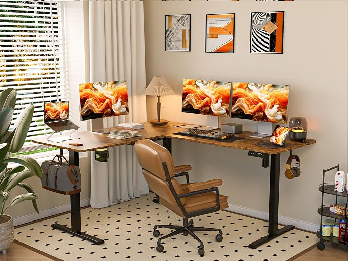 WALKINGDESK 75x61 Inches Reversible L Shaped Standing Desk Height Adjustable with Cup Holder, Electric Corner Computer Workstation for Home Office, Ergonomic Sit Stand up Gaming Desk, Rustic Brown