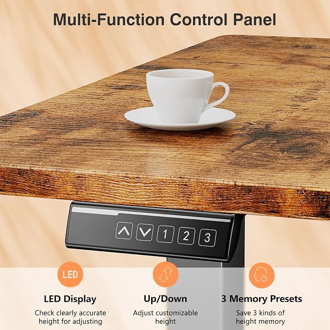 Sweetcrispy Electric Standing Desk Adjustable Height, 55x24 Inch Sit Stand Up Home Office Desks Computer Workstation PC Work Table with 3 Memory Preset Splice Wood Board Metal Frame, Rustic