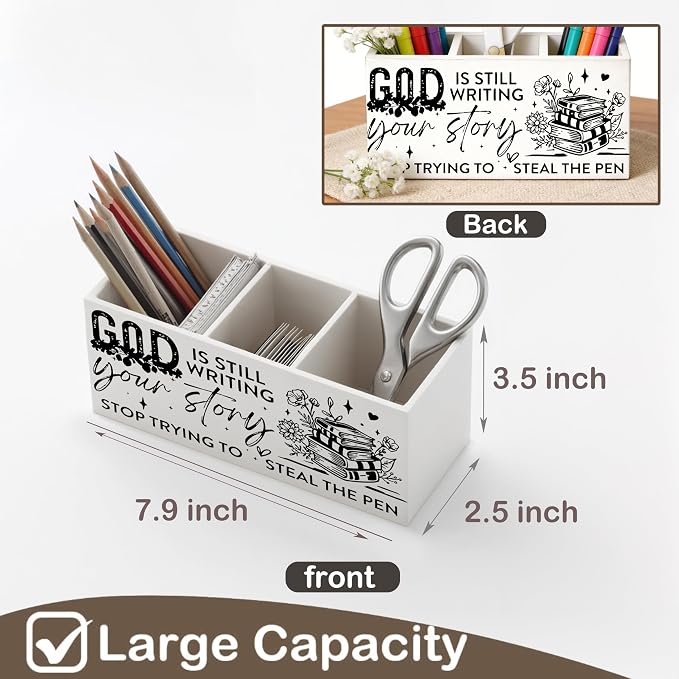 Christian Floral Book Wooden Pen Holder for Desk, God Is Still Writing Your Story Bible Verse Religious Pencil Organizer Wooden Box Sign for Home Office Girls Bedroom Decoration