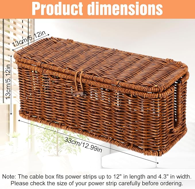 Cable Management Box Handmade Rattan Cable Organizer Stylish Hider Box with 2 Open Slots Desk Decorative Storage for Home Office Power Strips Cord Hider