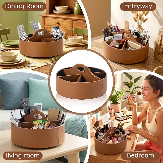360° Rotating Leather Desk Storage Organizer with 6 Slots and Handle Extra-large Pen Holder Spinning Pencil Storage Lazy Susan Organizer Office Desk Supplies Marker, Art Supply(Brown)