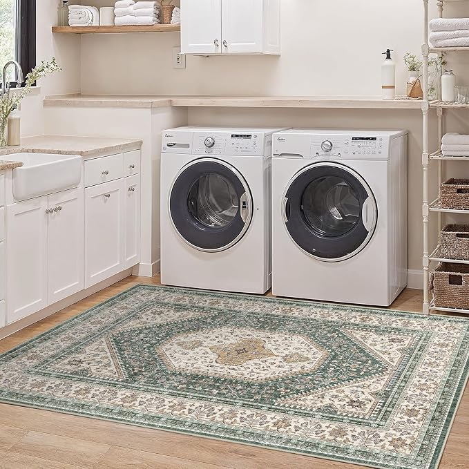Washable 3x5 Area Rug for Entryway - Bedroom Rugs with Non Slip Rubber Backing for Kitchen Bathroom Indoor Soft Stain Resistant Carpet Rug for Pet Feeding Area and Distressed Floor Decor Green/Beige