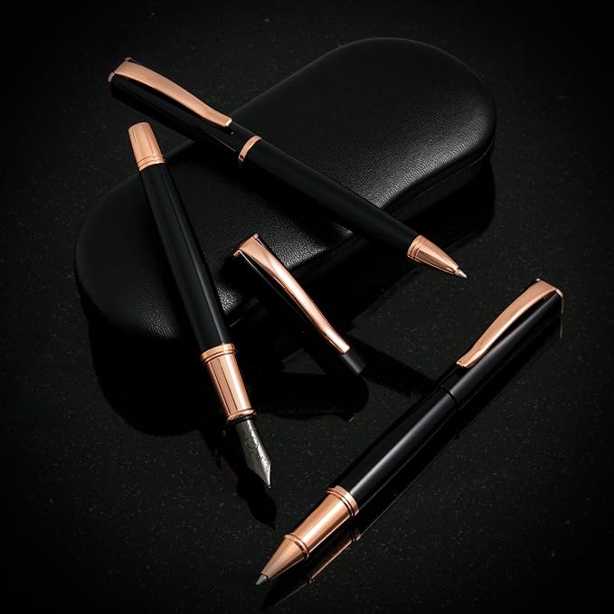 Monteverde USA Impressa Fountain Pen Black with 18 Karat Rose Gold Trim - Stub Point - JoWo German Nib