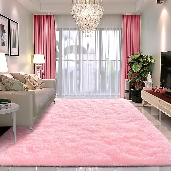 Awaytail Pink Rug 8x10 - Non Slip Fluffy Rugs for Living Room - Cute Floor Rug for Girls Room Decor- Large Fuzzy Shag Carpet - Shaggy Rugs for Living Room Washable 8x10 Area Rugs Clearance