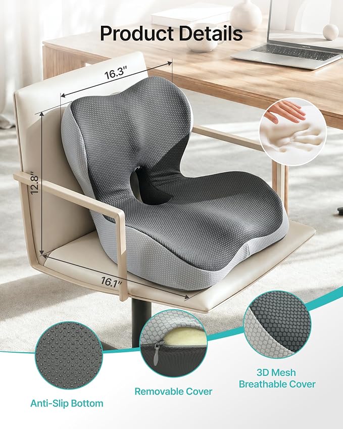 PEGZONE Seat Cushion with Lumbar Support, Memory Foam Cushion for Chair | Ergonomic Lumbar Support Pillow，Chair Cushion for Office , Car, – Orthopedic Pain Relief Cushion,For Back, Tailbone, Gray