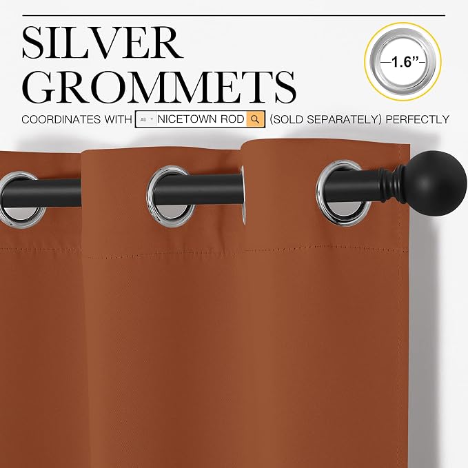 NICETOWN Room Darkening Curtains for Bedroom, Burnt Orange Thermal Insulated Drapes 72 inches Long for Office, Loft, Guestroom (1 Panel, 70" Wide per Panel)
