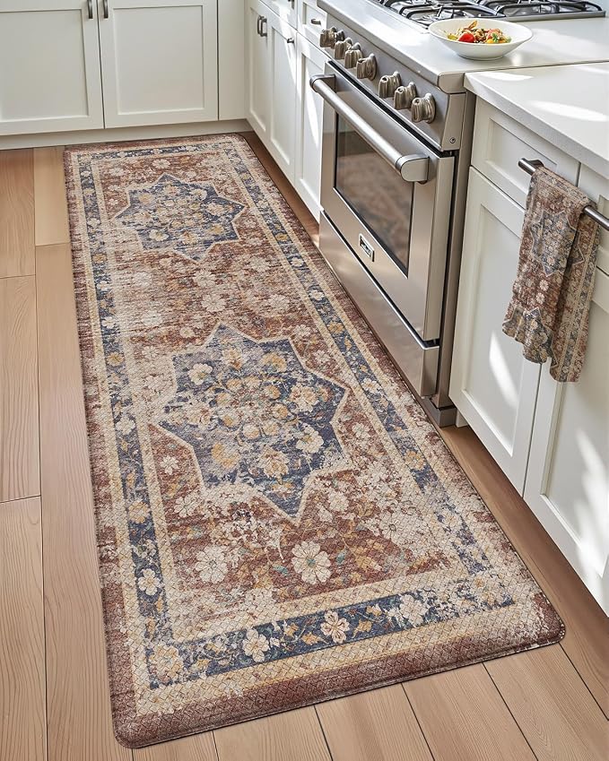 DEXI Kitchen Floor Mats Anti Fatigue, 23x86 Large Long Cushioned Vintage Runner Rug Waterproof, Standing Comfort Memory Foam Padded for Front Sink Laundry Office, Reddish Brown
