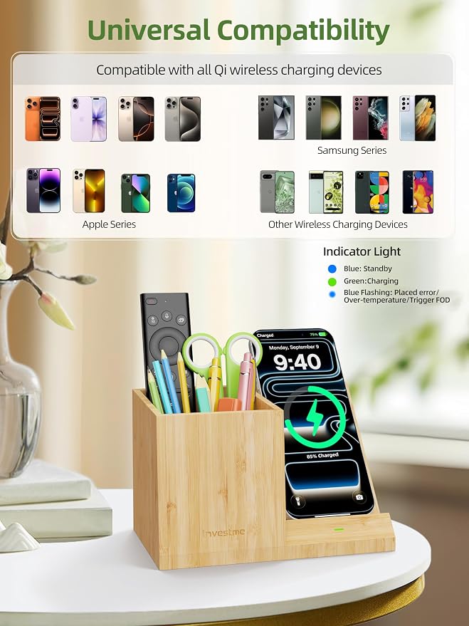 Bamboo Pen Holder for Desk with Wireless Charger, Desktop Organizer & Pencil Holder, Fast Wireless Charging Stand for iPhone, Samsung & More, Multifunctional Pen Organizer for Office, School, Home