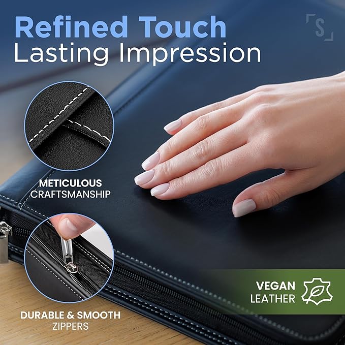 STYLIO Zipper Portfolio Binder with Carrying Handle | Removable 3-Ring Binder (1") w/Clipboard Padfolio | Organizer for Documents, iPad, Tablet, Phone, Notebook| Business Leather Folio for Men Women