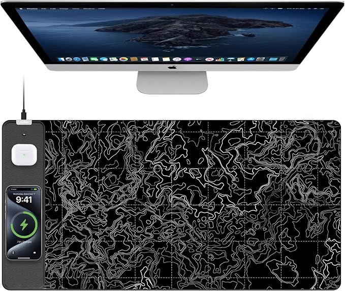 TopMade Mouse Pad with 15W Fast Wireless Charging, 31.5"x15.75" XXL Large Gaming Waterproof Desk Pad with Ultra-Smooth Surface, Non-Slip Base, Computer Desk Mat, Black Topographic Map #3
