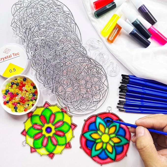 AUEKIV 30 Sets Suncatcher Kit Mandala Suncatchers Window Art Paint Sun Catcher DIY Craft Kits Flower Suncatcher Kit for Summer Decoration Home Activity Art Project Birthday Party Favors
