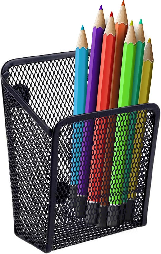 Performore Magnetic Metal Mesh Pencil Holder, Black Stainless Steel Pen Holder with Magnets, Basket Storage Organizer for Whiteboard, Blackboard, Kitchen, Locker, Home, or Office (1)