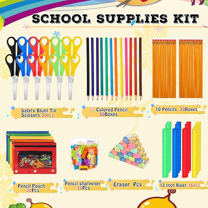210 Pcs Back to School Supplies Kit 30 Sets Teacher Supplies Bulk for Student Classroom Neon Mesh Pouch Colored Pencils Teacher Back to School Supply Kit for Elementary Essentials Bundle