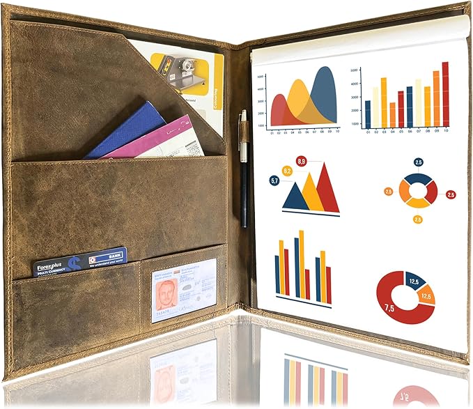Leather Business Portfolio by Rustic Town | A4 Conference Folder Gift for Men & Women | Handmade Durable Leather Padfolio 3 + 1 Sleeves for Documents and Notepad