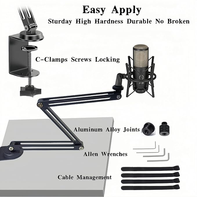 Low Profile Mic Boom Arm, 360° Rotatable 3-Section Foldable Desk Microphone Stand, 2.5kg Heavy Duty C Clamp Mic Mount with 1/4 3/8 5/8 Screw Adapter for Streaming Podcast(C Clamp Mount)