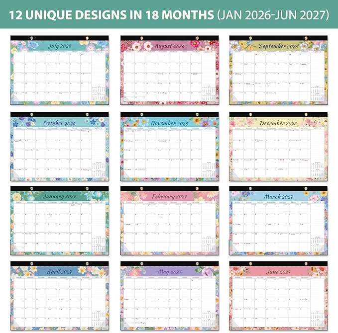 2026 Desk Calendar, Monthly Calendar, 18 Months (Jan 2026 - Jun 2027), Large Desktop Calendar 17" x 12" for Home, Office or School, Watercolor Floral