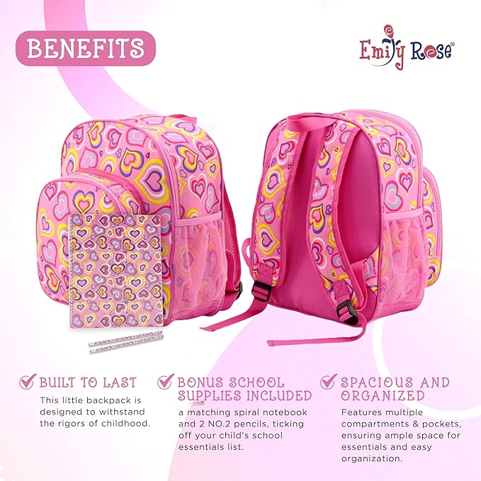 Emily Rose Girls School Set 3-PC Complete Bundle - Insulated Lunch Box + Backpack + Water Bottle with Notebook & Pencils - Ages 3-7 Back to School Supplies BPA Free Pink Hearts