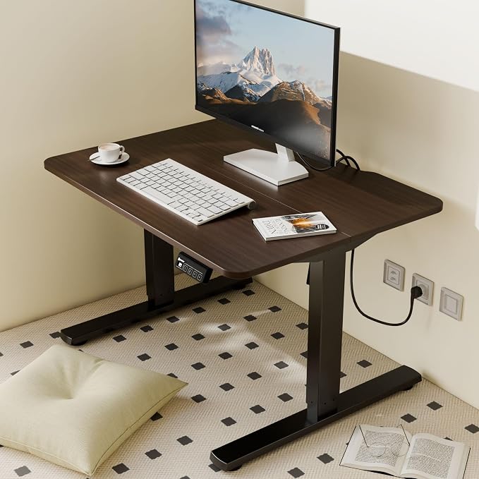 ERGOMAKER Low Height Adjustable Desk with Lockable Wheels, Lifts 18.9"-29.5", 31.5" x 23.6" Electric Small Standing Desk with Splice Board for Home Office & Short People(Black Frame, Walnut Desktop)