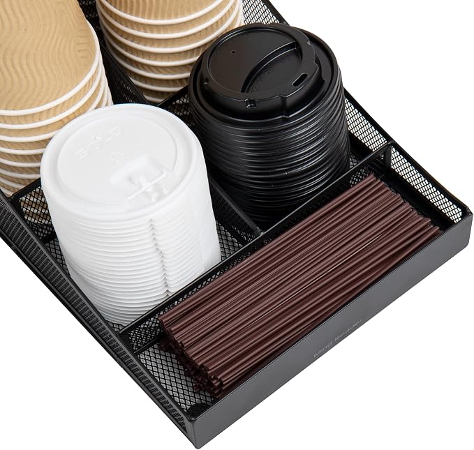 Mind Reader Cup and Condiment Station, Set of 2, Countertop Organizer, Coffee Bar, Metal Mesh, 8.5"L x 14.5"W x 5.25"H, Black