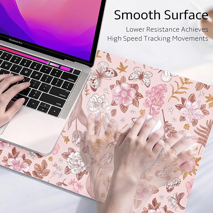 Mouse Pad Leather Desk Mat Large Keyboard Cute Office Desktop Computer Laptop XXL Long Big Aesthetic Modern Design Women Girls Gaming Gamer Oversized Wide Mousepad 31.5"x15.7", Pink Floral