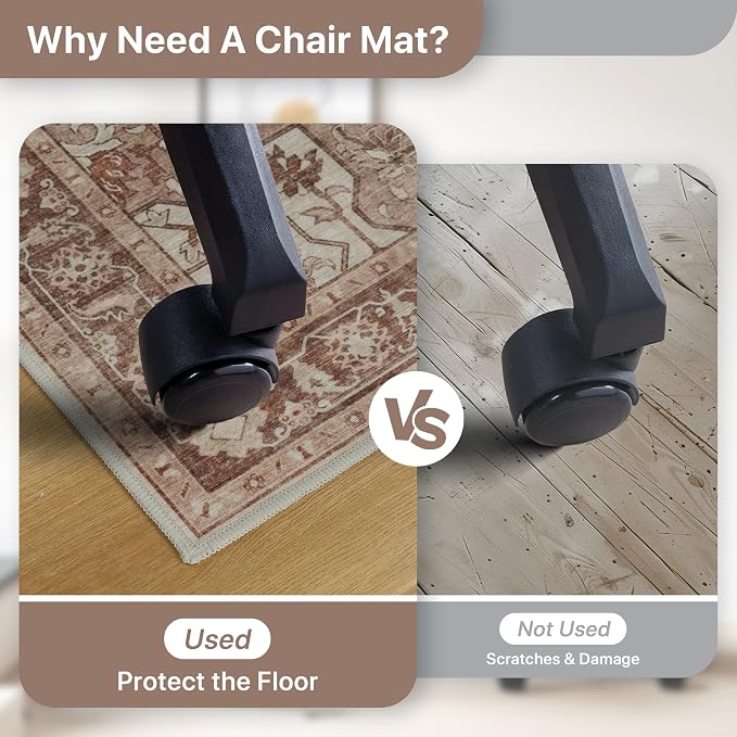 36"x48" Office Chair Mat for Hardwood Tile Floor, Under Desk Carpet Protector for Rolling Computer Chair Mat, Machine Washable Area Rug, Anti-Slip 1/5" Thick Low Pile Thin Vinyl Floor Mat, Brown Red