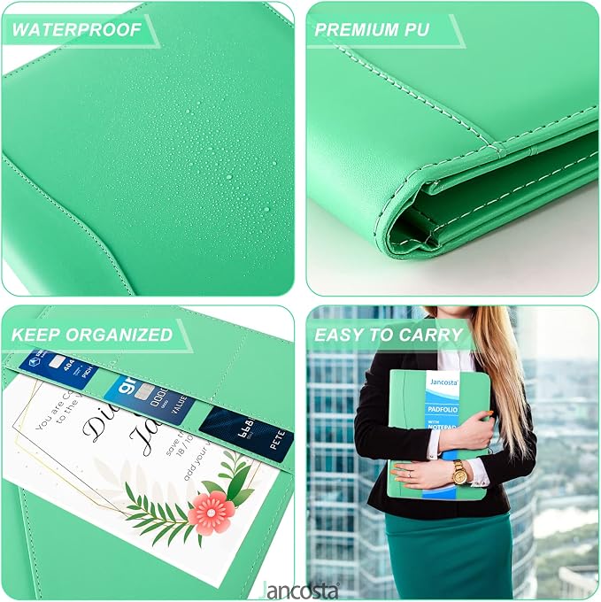 1 Pack Business Padfolio Portfolio Binder, Faux Leather Folio Folder, Resume Legal Document Organizer with Letter Size Writing Notepads (New Mint Green 1 Pack)