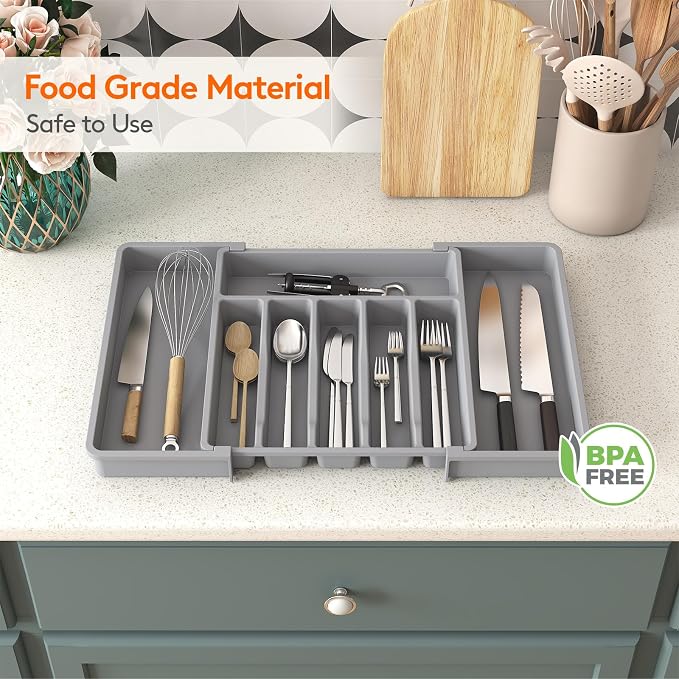 Lifewit Silverware Drawer Organizer, Expandable Utensil Tray for Kitchen, BPA Free Flatware and Cutlery Holder, Adjustable Plastic Storage for Spoons Forks Knives, 13-22 x 15", Grey