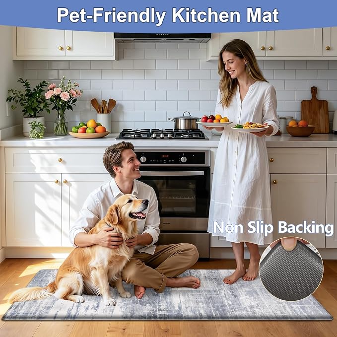 LOKHOM Anti Fatigue Kitchen Mats for Floor, 24x59 Non Slip Modern Cushioned Standing Comfort Kitchen Runner Rug, Waterproof Abstract Memory Foam Padded for Sink Laundry Office, Blue Grey
