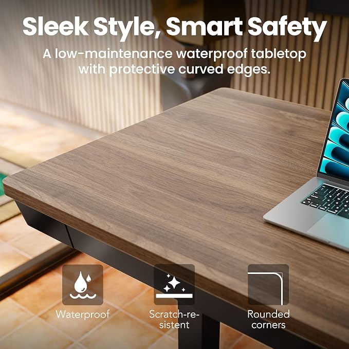 HUANUO Electric Standing Desk with Drawers, 48 X 24 Inch Electric Adjustable Height Desk, Quick Install One-Piece Tabletop with USB Charging Ports, Sit to Stand Up Desk for Home Office, Black Walnut