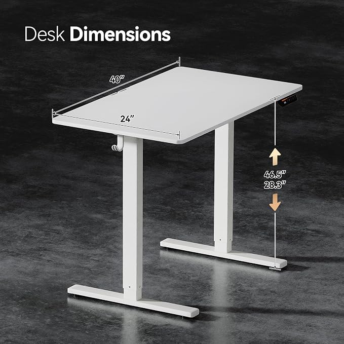 40 x 24 Inch Height Adjustable Standing Desk, 3 Presets, White | 40 x 24 in Desktop, 28.3–46.5 in Height, 2+3 Controls, ≤45 dB, 154 lb Capacity, 2 Hooks