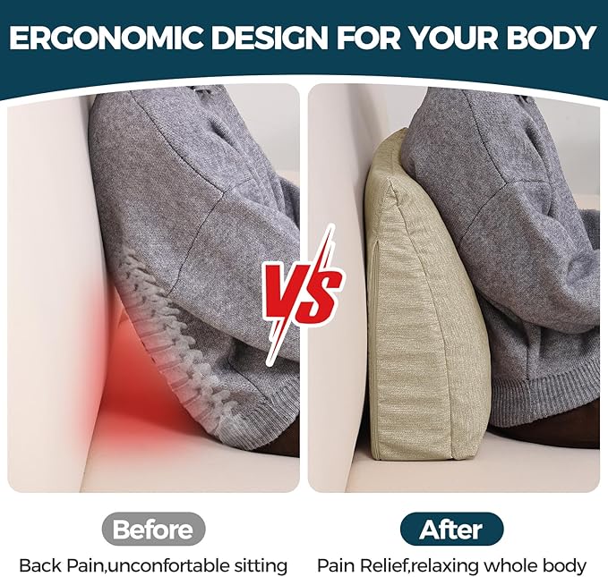 Back Support Pillow for Recliner Soft Dual Layer Lumbar Support Pillow with Shredded Memory Foam Ergonomic Orthopedic Couch Lumbar Cushions for Elderly Lower Back Pain Relief Khaki