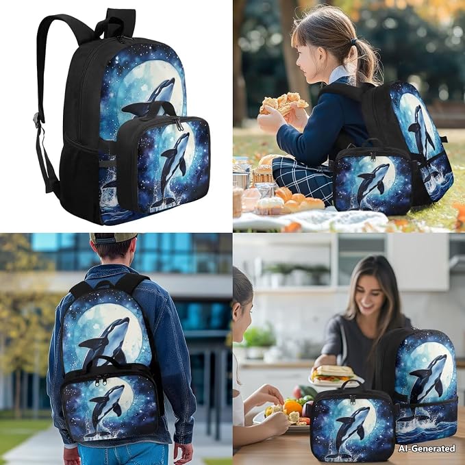 Doojoayie Orca Backpack for Preschool Girls 17 inch School Bag with Detachable Lunchbox Trendy Backpack for School Kids Girls 4-7 Heavy Duty Bookbags for Kindergarten Grade Kids