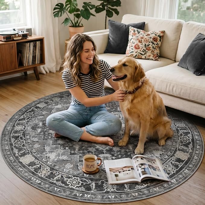 Office Chair Mat for Hardwood Tile Floor, Under Desk Carpet Protector for Rolling Computer Chair Mat, Round Washable Rugs 5ft Circle Area Rug, Anti-Slip 1/5" Thick Low Pile Thin Floor Mat, Black