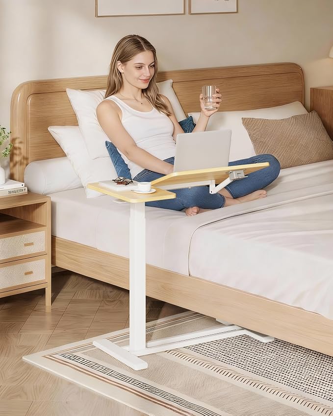 SANODESK 28''Overbed Table Gas Spring Lifting with Wheels&Tilting Desktop | Rolling Mobile Laptop Desk End Table,Portable Computer Workstation for Home Office,Sofa,Bedside,27.6" W x 15.7" D,Maple